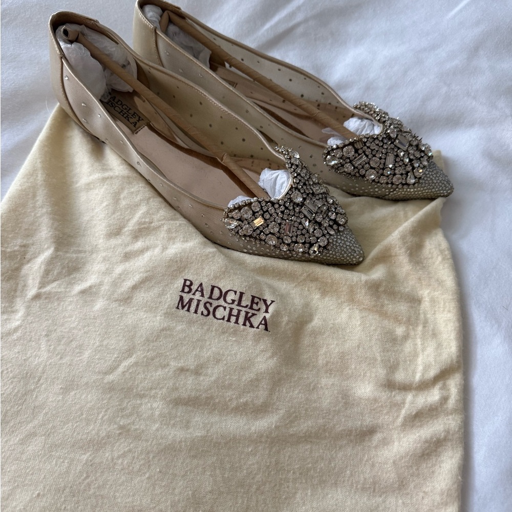 Badgley Mischka Embellished Cream Flats